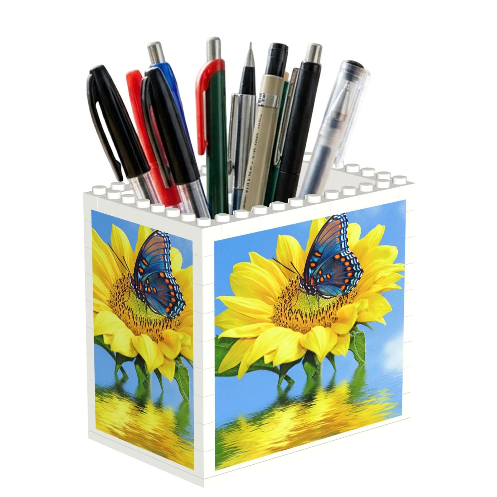 SATUSA Butterfly On Sunflower Print Building Block Texture Pen Holder - Pencil Holder For Desk Pen Organizer,Aesthetic Desk Accessories For Women(1pcs)