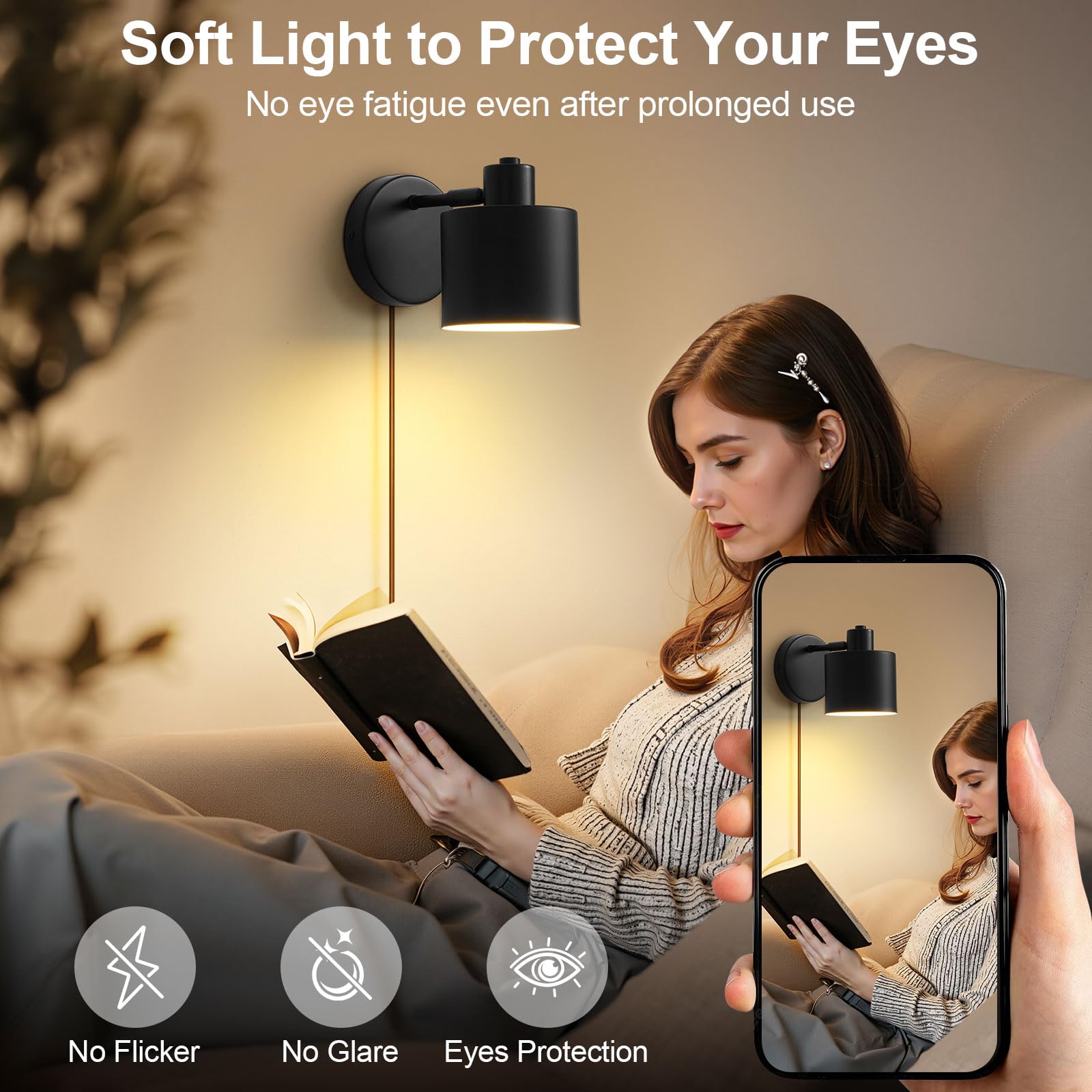 Wandlampe mit Stecker Dimmbarem Schalter, Schwarze Wandleuchte Innen mit 360° Drehbar, E27 Wandleuchte Industrial 60W Wandstrahler Innen für Wohnzimmer Schlafzimmer Flur