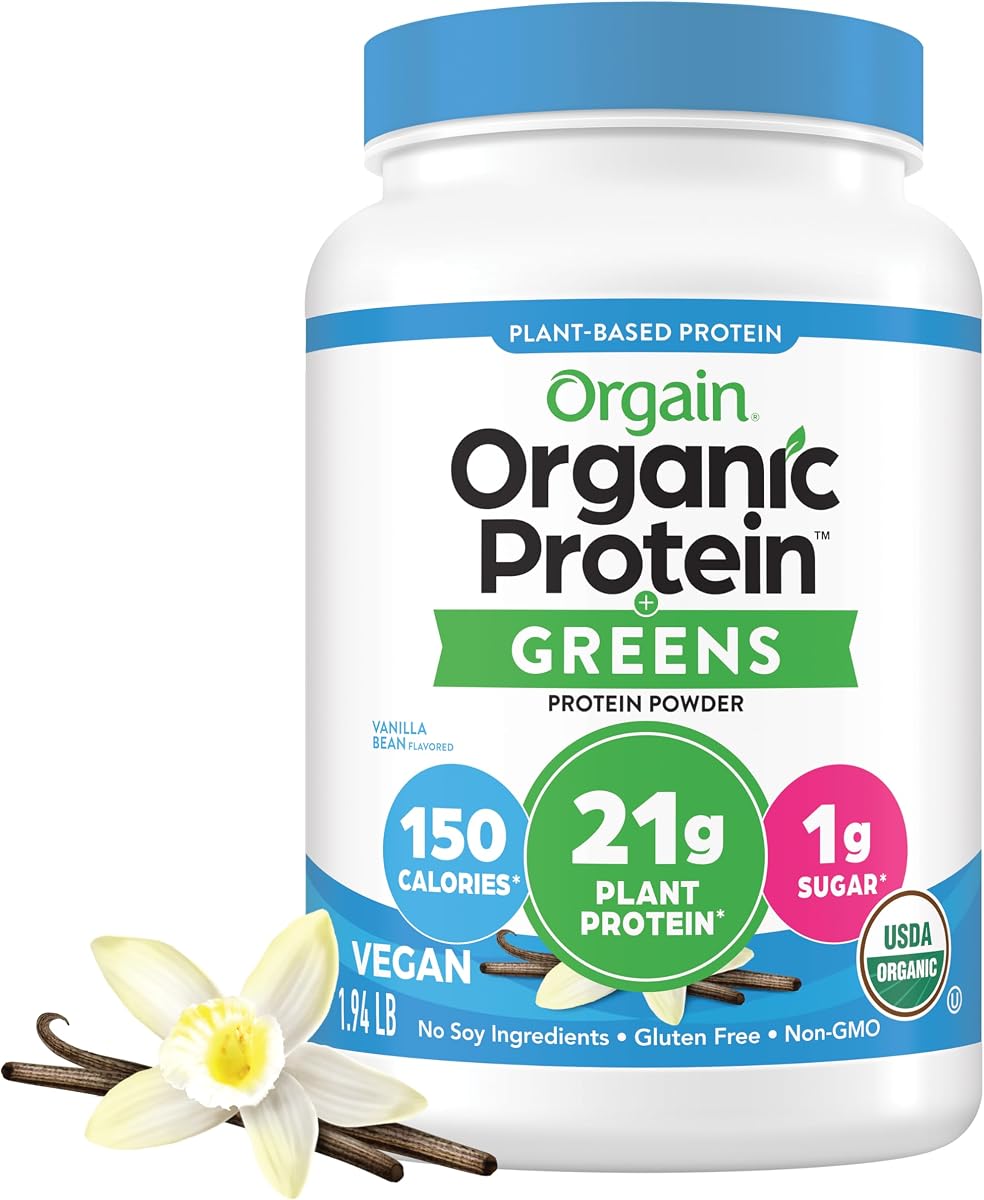 Orgain Organic Vegan Protein Powder + Greens, Vanilla Bean - 21g Plant Based Protein, Gluten Free, Dairy Free, Lactose Free, Soy Free, No Sugar Added, With Iron & Prebiotics for Gut Health - 1.94lb