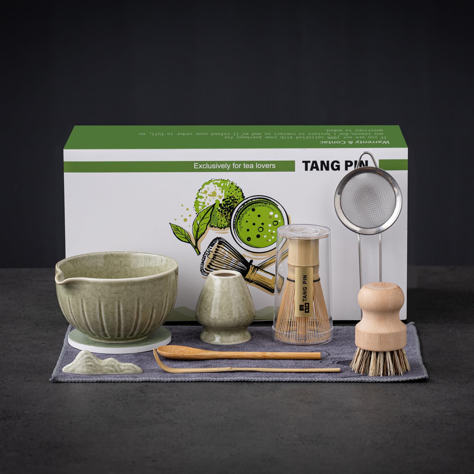 TANG PIN Matcha Whisk Set, 15 OZ Matcha Bowl, Matcha Whisk and Stand, Scoop, Spoon, Sifter, Coaster, Cleaning Brush and Tea Towel, 10 Pcs Perfect Matcha Kit for Matcha Tea Ceremony
