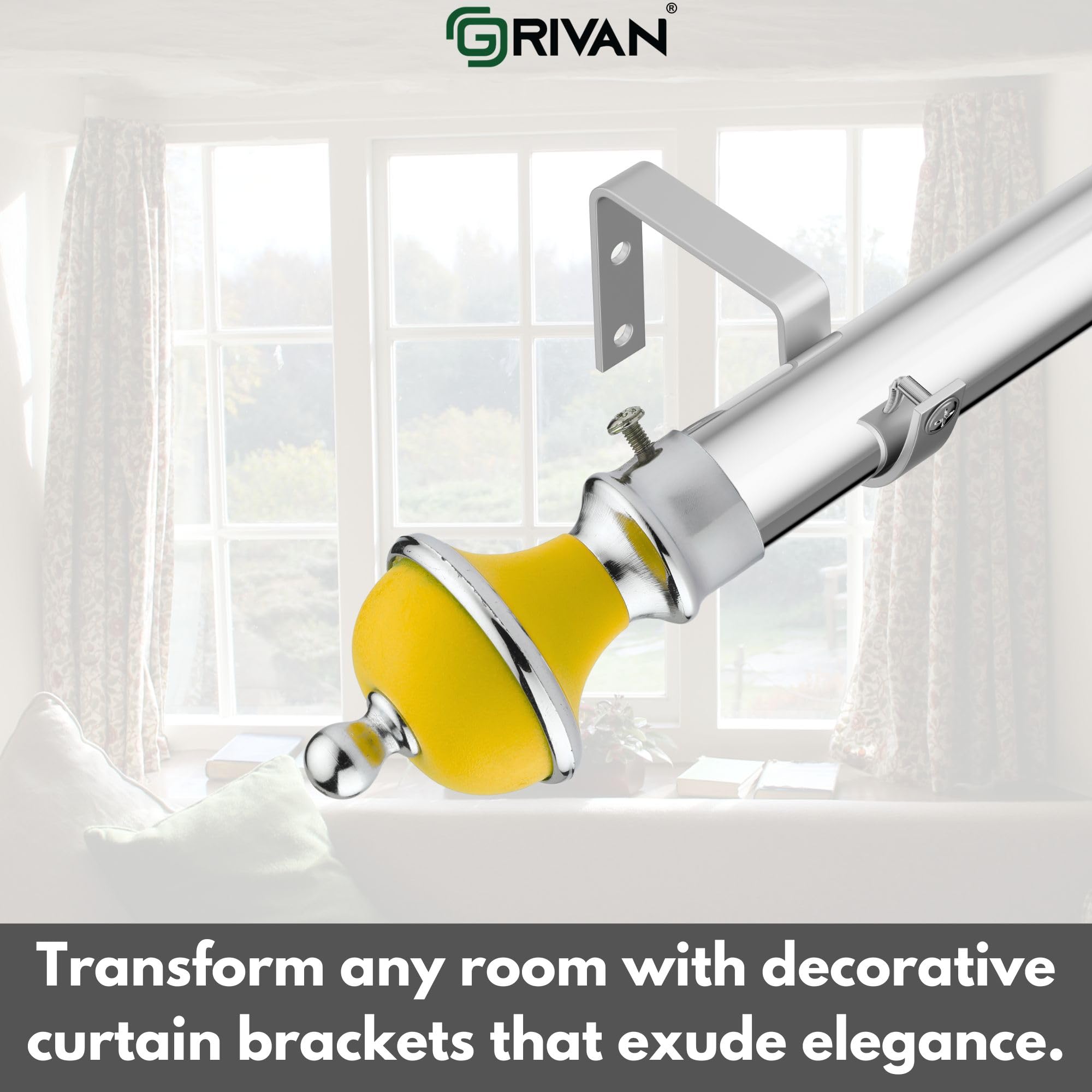 GRIVAN Stainless Steel & ABS Curtain Bracket Parda Holder with Support 1 Inch Rod Pocket Finials Designer Door and Window Rod Support Fittings, Curtain Rod Holder (Pair of 3, Yellow) 3