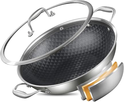 DELARLO 12 Inch Tri-Ply Stainless Steel Nonstick Wok Pan with Lid