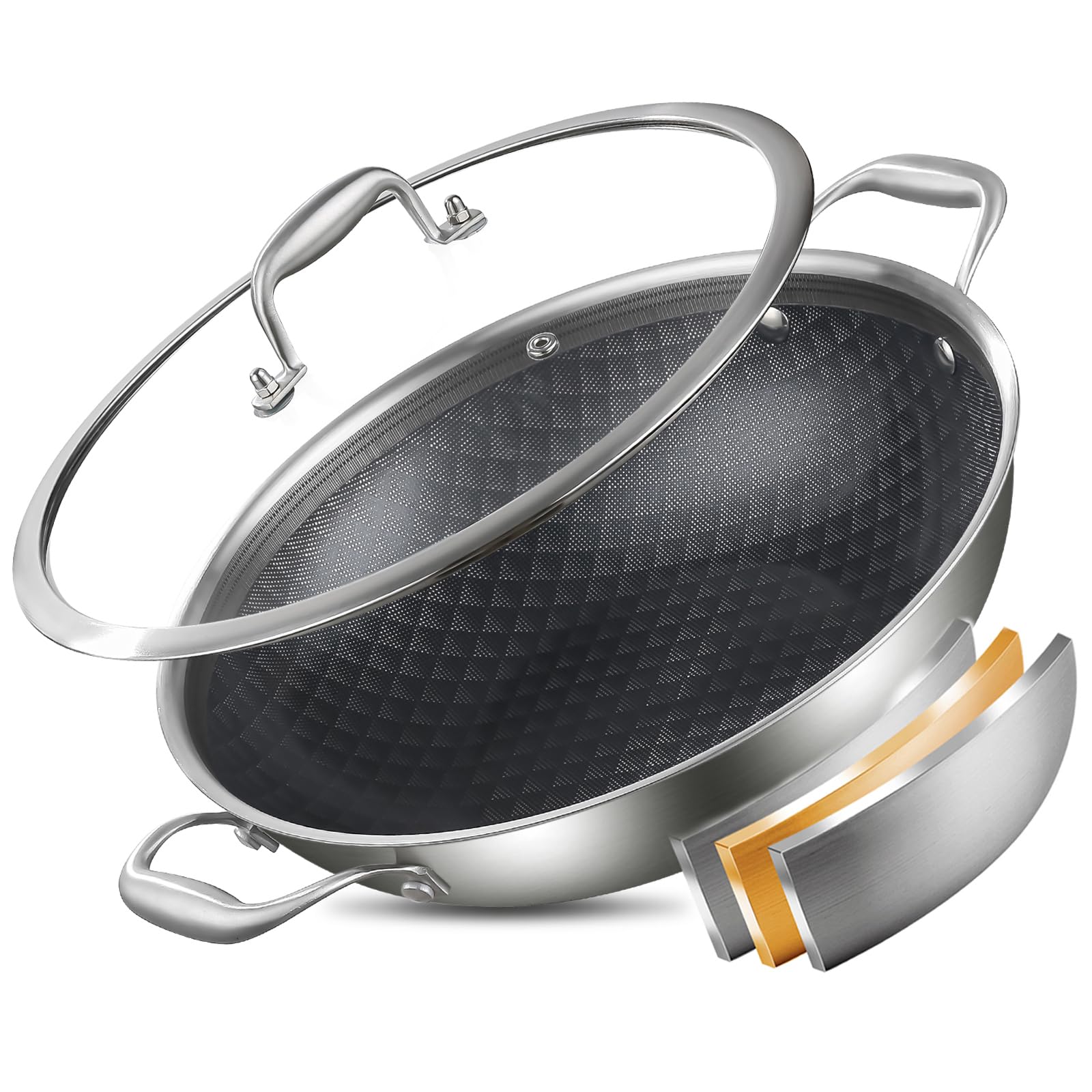 DELARLO 12 Inch Tri-Ply Stainless Steel Nonstick Wok Pan with Lid
