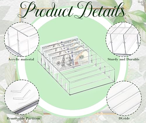 Miniatura 10 de XUWAIDSGN Organizador de dinero de diamante acrílico grande de 8 secciones transparente para dinero económico, organizador de bandeja de