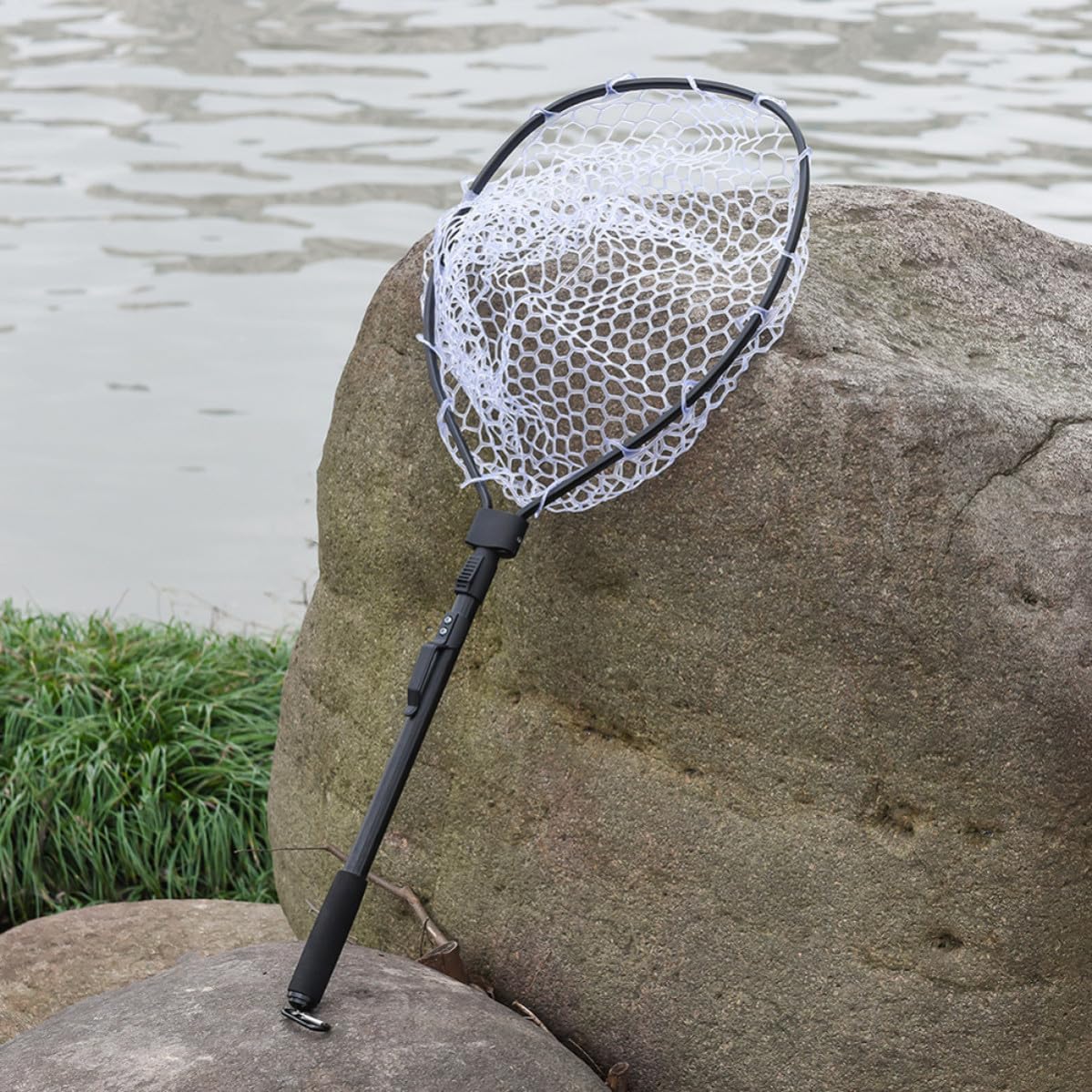 Red de Pesca Plegable de Aterrizaje Mango Telescópico Negro | Aleación de Aluminio, Malla de Goma y Eva, para Pesca en Río y Barco, Formato Clásico