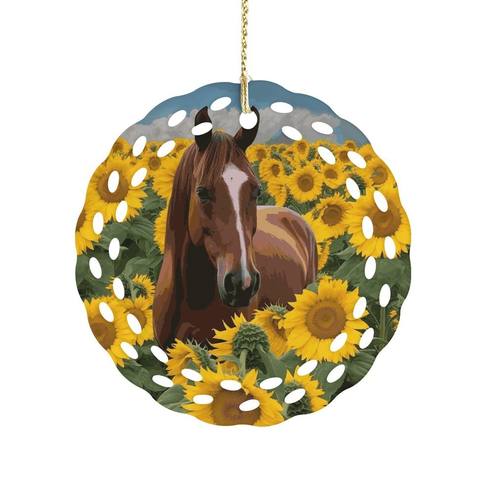 Btcowzrv Style Horse And Sunflower Ceramic Ornament,Round Ornaments With Hole Easy To Hang,Hanging Ornament For Wedding Party Home Window Garden Christmas Day Decor
