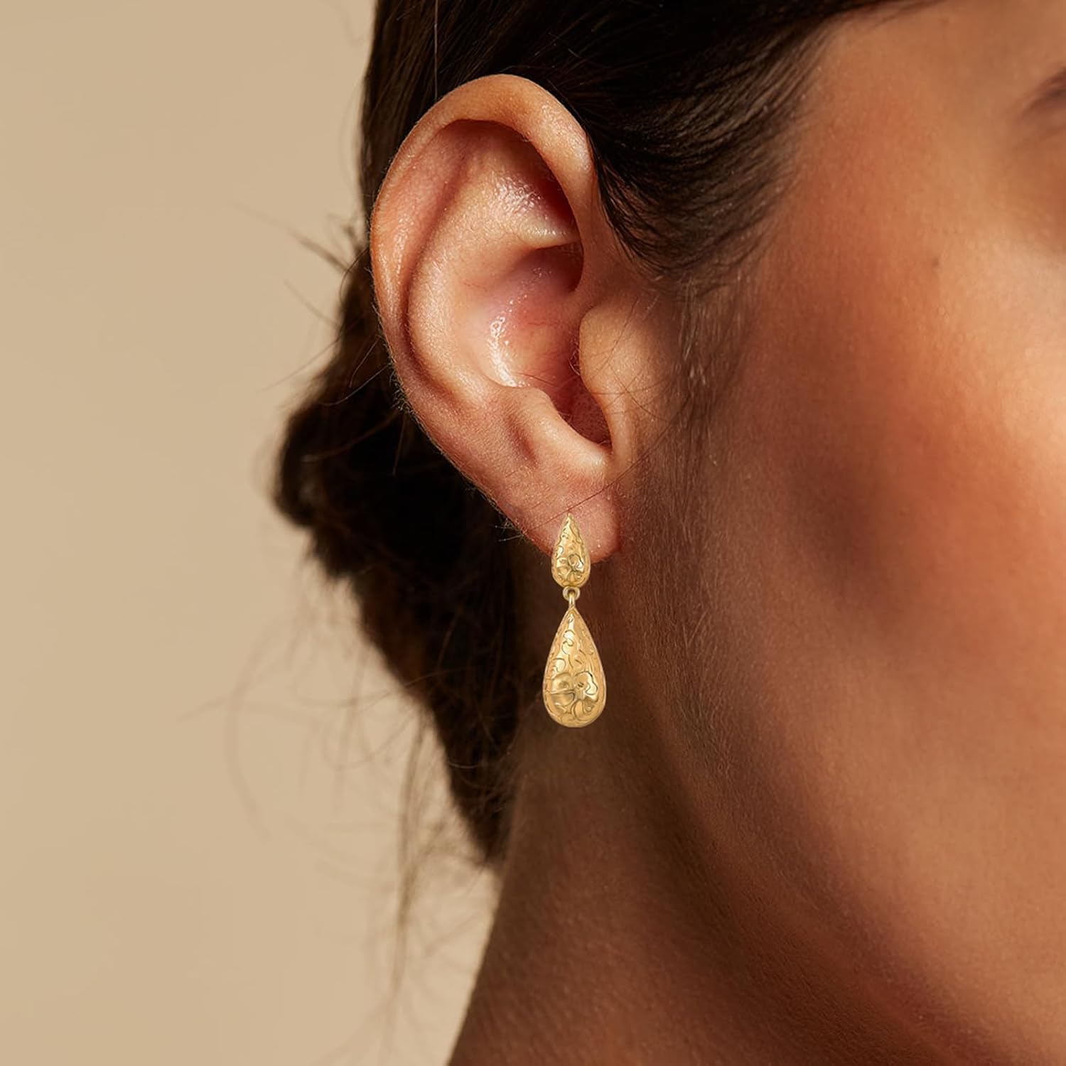 Gold Earrings 14K Gold Plated Waterdrop Earrings Lightweight Polishing Brushed Hammered Droplet Double Gold Teardrop Dangle Earrings for Women Trendy Gift - Image 2