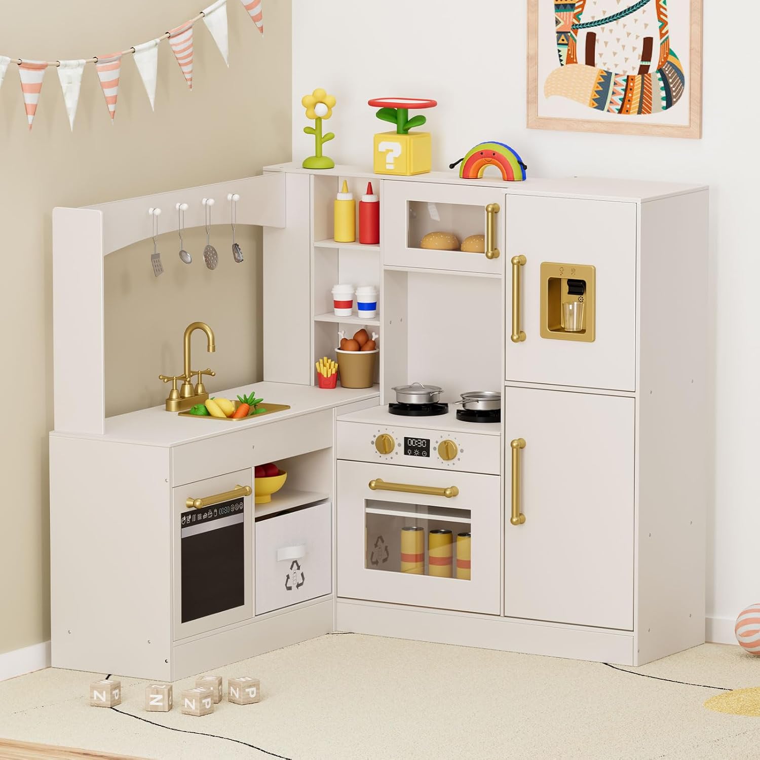 MAMIZO Corner Play Kitchen for Kids, Wooden Pretend Toy Kitchen, Large Toodler Cooking Playset w/Refrigerator, Stove w/Light & Sound, Disinfection Locker, Water Dispenser, Sink, Home Modern (Beige)