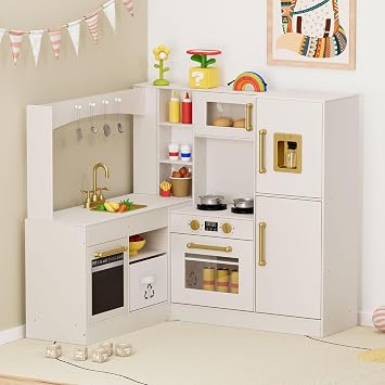 MAMIZO Corner Play Kitchen for Kids, Wooden Pretend Toy Kitchen, Large Toodler Cooking Playset w/Refrigerator, Stove w/Light & Sound, Disinfection Locker, Water Dispenser, Sink, Home Modern Beige