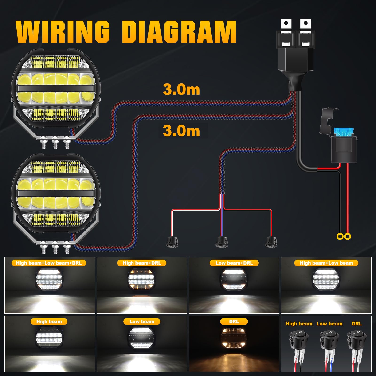 RIGIDON 2x faro da lavoro led, 9 Pollici 100W 13000lm DRL abbagl./anabbagl. | 12V 3m cablaggio kit, rotondo, faretto, spot luci di lavoro a led, fari di profondità per auto fuoristrada camion ATV UTE 4x4
