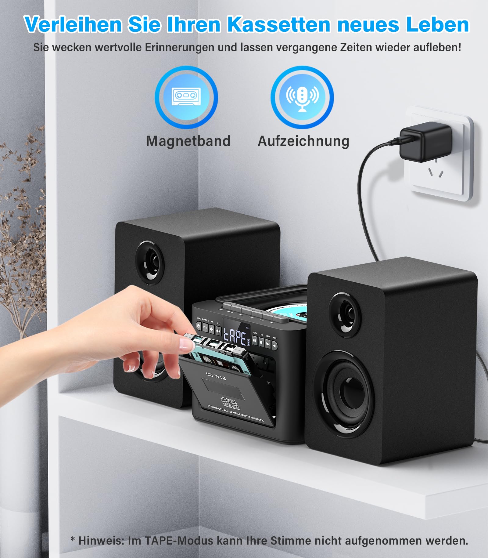 Greadio - Sistema estéreo con reproductor de CD y grabadora de cassette, altavoz de 40 W con Bluetooth 5.1, reproductor de cassette con radio FM, USB, TF, AUX, mando a distancia, equipo de música HiFi