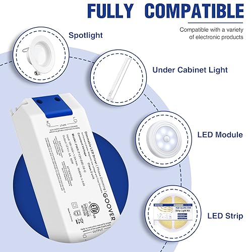 Miniatura 4 de GOOVER Controlador regulable Triac de 60 W, fuente de alimentación, transformador de CA de 120 V a CC 12 V, compatible con atenuadores Lutron y