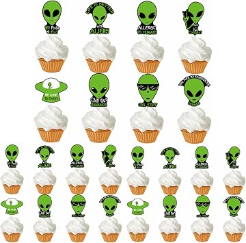24pcs Alien Theme Cupcake Toppers Funny Sarcastic Humor Hilarious Phrases Peace Love Then Conquest UFO Aliens Cupcake Decorations for Birthday Party Corporate Events