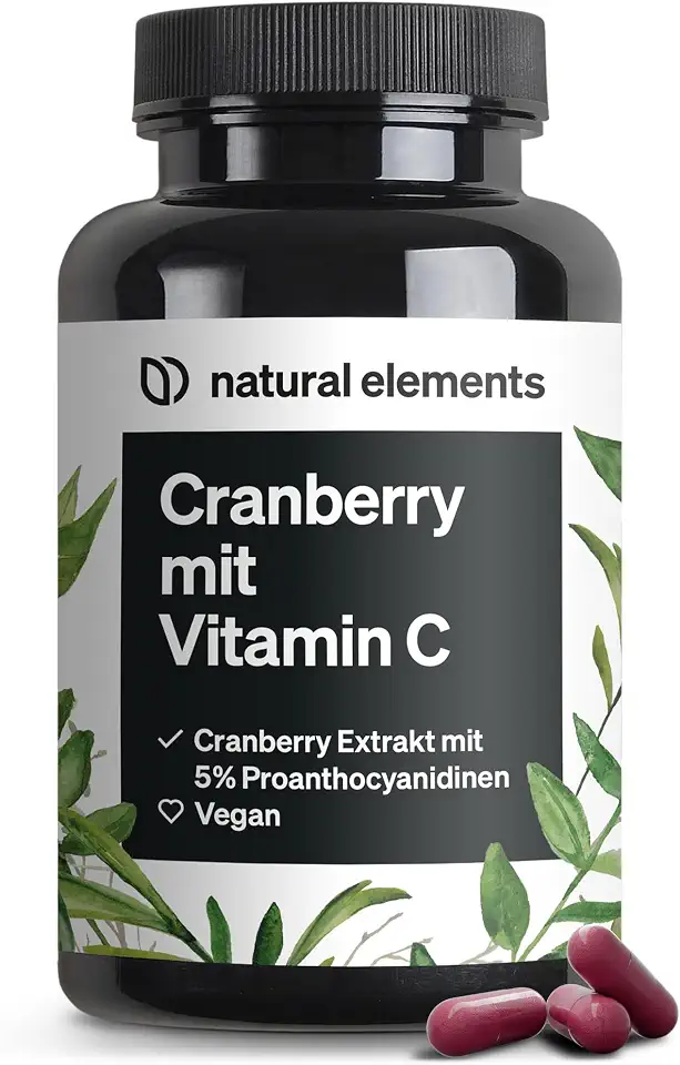 Cranberry zur Vorbeugung von Harnwegsinfektionen und bei Vitamin-C-Mangel 5 natural elements Cranberry Extrakt mit Vitamin C – 25:1 Extrakt (entspricht 20.000mg Cranberries pro Tagesdosis) – 240 Kapseln – laborgeprüft, vegan, hochdosiert, ohne unerwünschte Zusätze