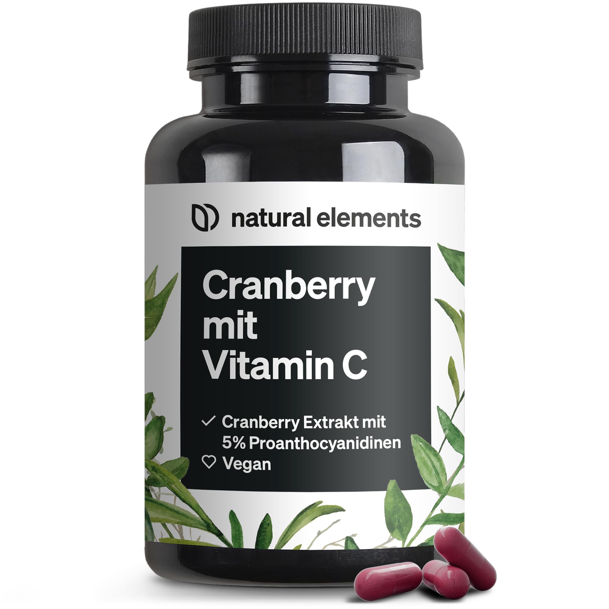 natural elements Cranberry Extrakt mit Vitamin C – 25:1 Extrakt (entspricht 20.000mg Cranberries pro Tagesdosis) – 240 Kapseln – laborgeprüft, vegan, hochdosiert, ohne unerwünschte Zusätze