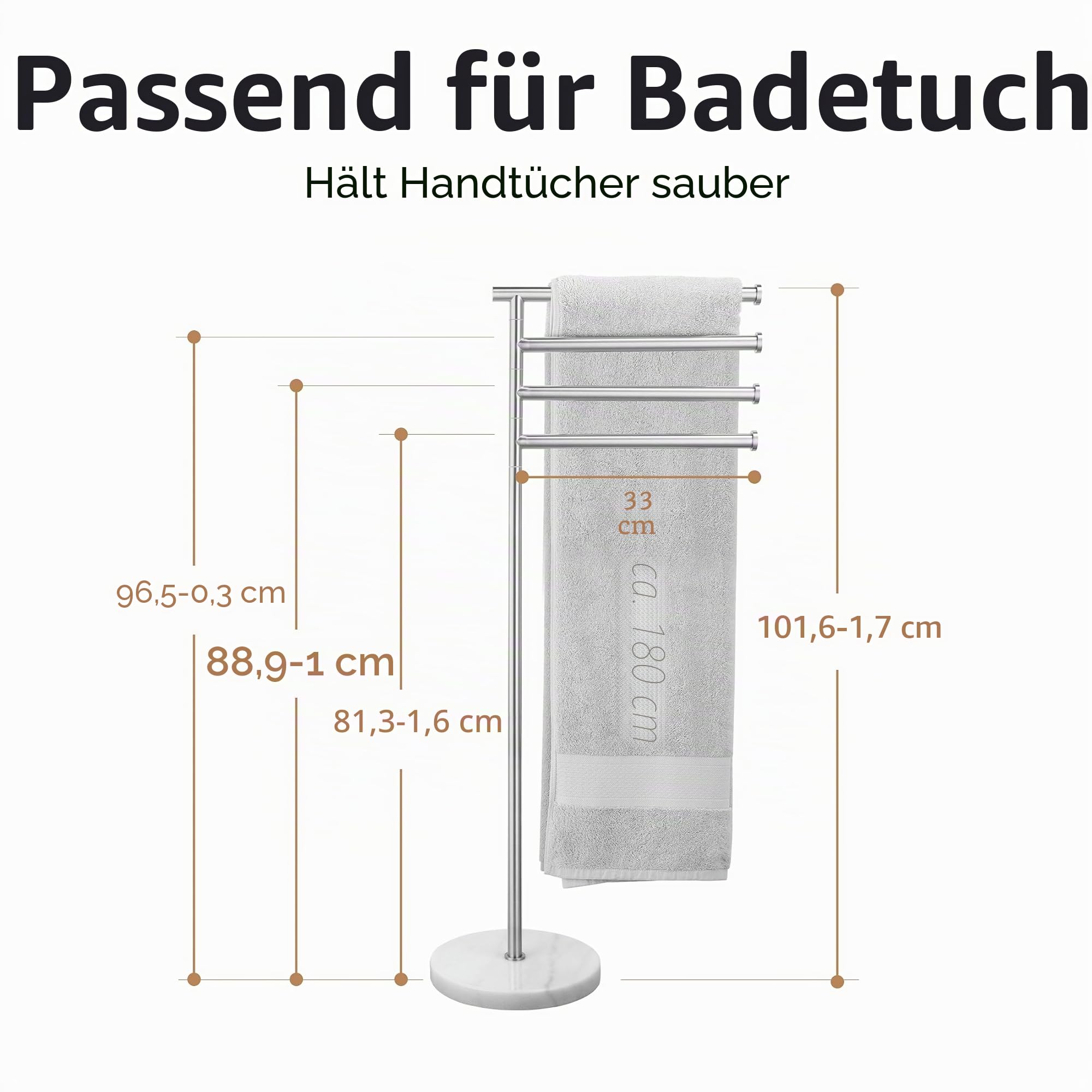 KES Handtuchhalter Stehend Handtuchhalter 4 Armig Schwenkbar Handtuchständer Freistehend Marmor Bad Gebürstet, BTH219S4-2