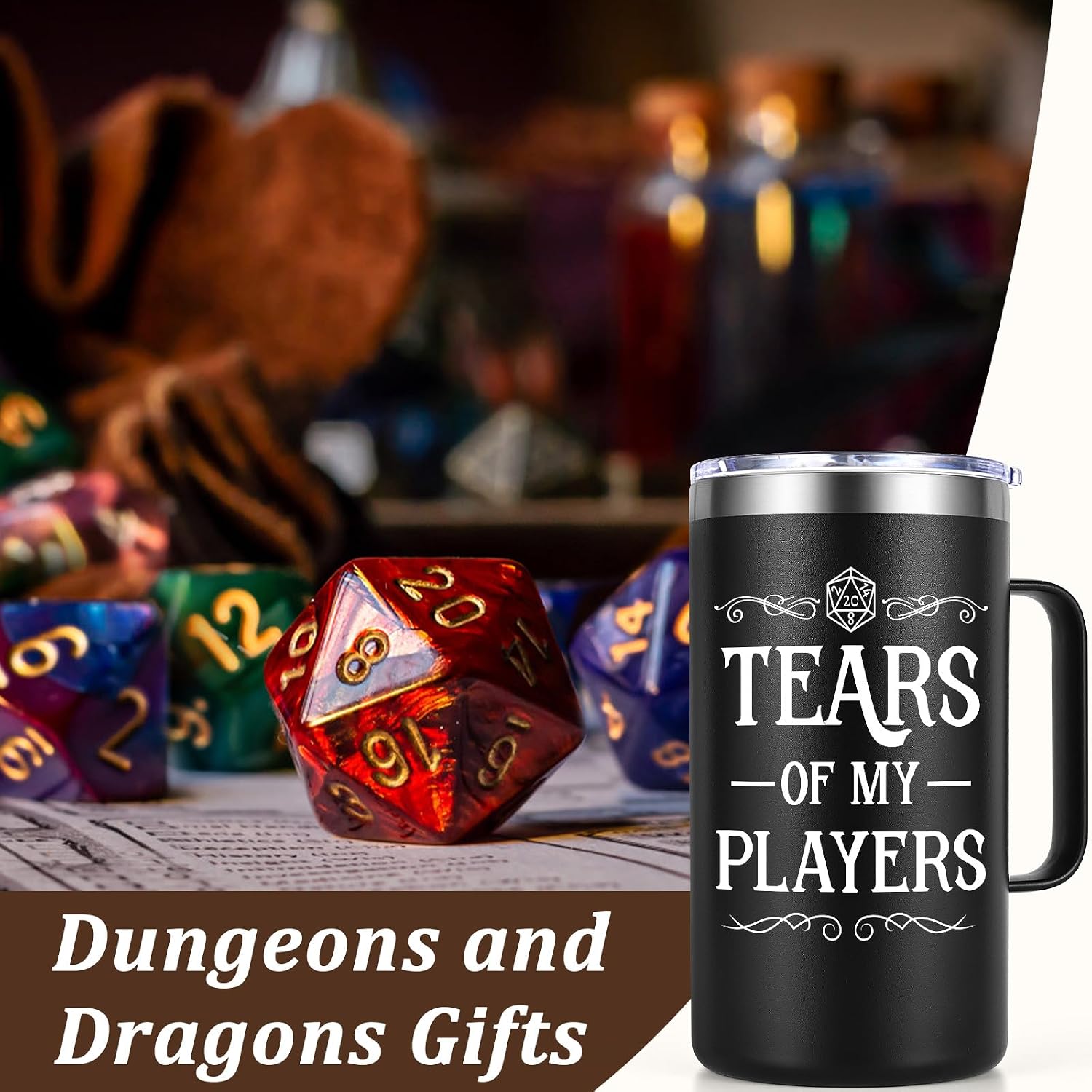 Lifecapido DND Gifts, Tears of My Players 20oz Insulated Coffee Mug with Keychain, Birthday Christmas DnD Gift, Dungeon Master Gifts, Black