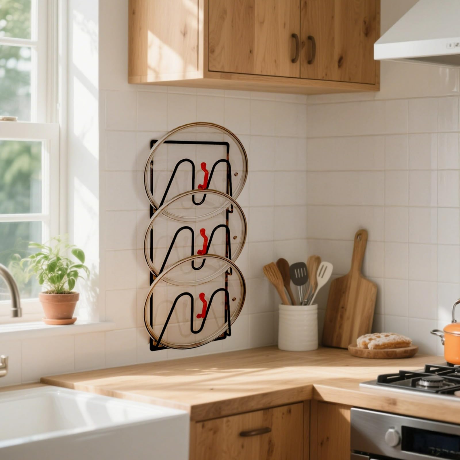 Generisch 2 Stk. wandmontierter Topfdeckelhalter, kreativer Küchenorganizer ohne Bohren, dreistufiger Metallhalter für Topfdeckel mit starken Saugnäpfen, platzsparend und ordentlich