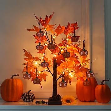 hogardeck Fall Decorations for Home, Thanksgiving Decorations, 242FT Lighted Maple Leaves Tree with 24 LEDs & 12 Wood Pumpkin Ornaments, Battery Powered Timer Artificial Trees for Autumn Table Decor