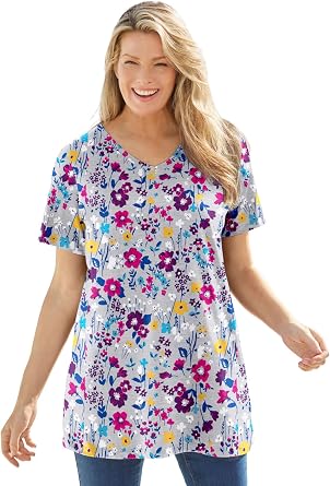 Woman Within Plus Size Perfect Printed Short-Sleeve V-Neck Tunic