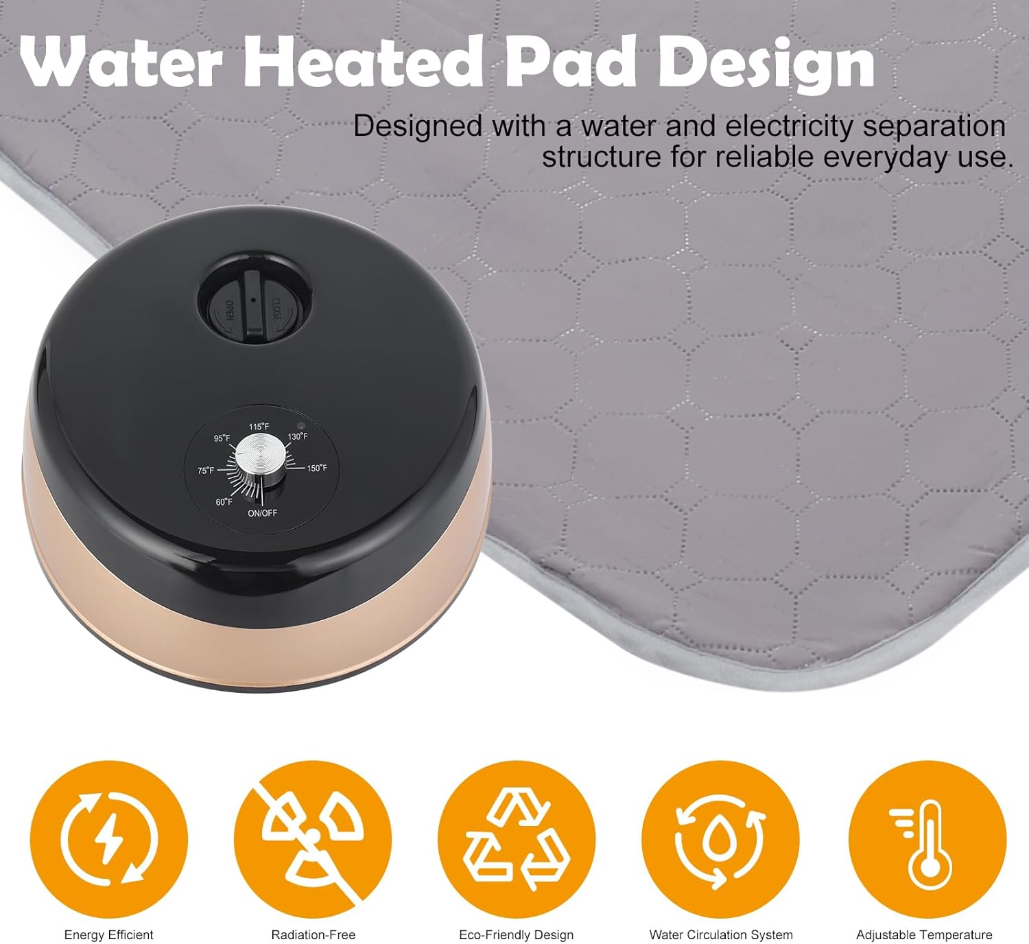 King Size Water Heated Blanket 76"x80" Water Circulation Heating Mechanical Temp Control Soft Polyester Cotton Energy Efficient Gray Bedding Pad