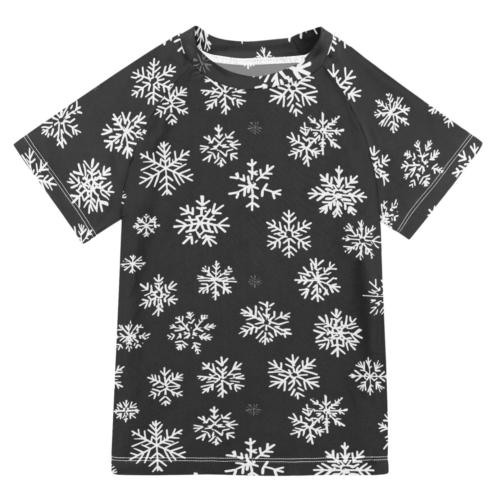 Boys Rash Guard Short Sleeve Swim Shirts for Boys White Snow Black Sun Protection 7-8T