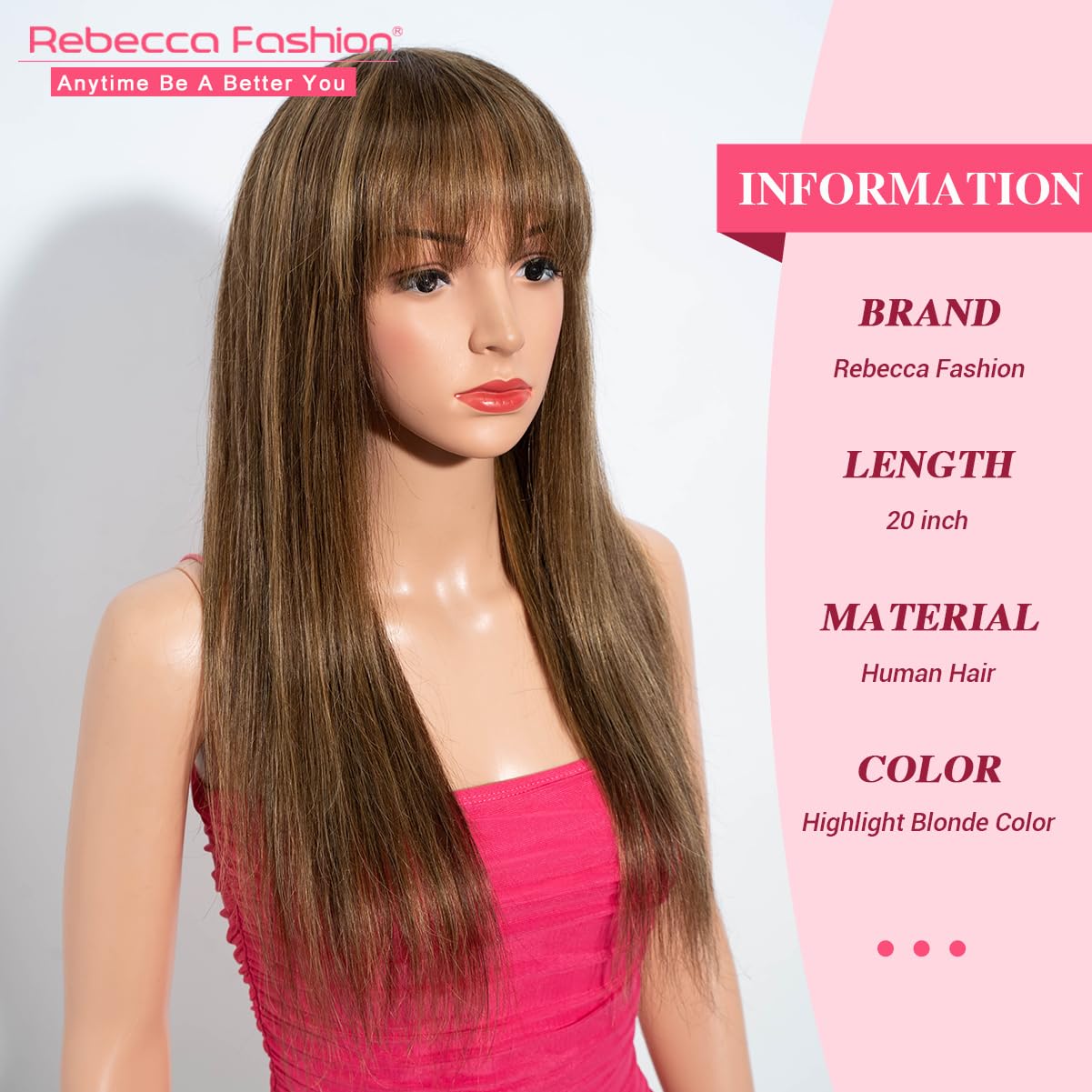 Rebecca Fashion 20 Inch Highlight BlondeStraight Wigs with Bangs Human Hair Wigs for Black Women None Lace Front Wigs 10A Brazilian Virgin Hair Glueless Machine Made Wig - Image 2