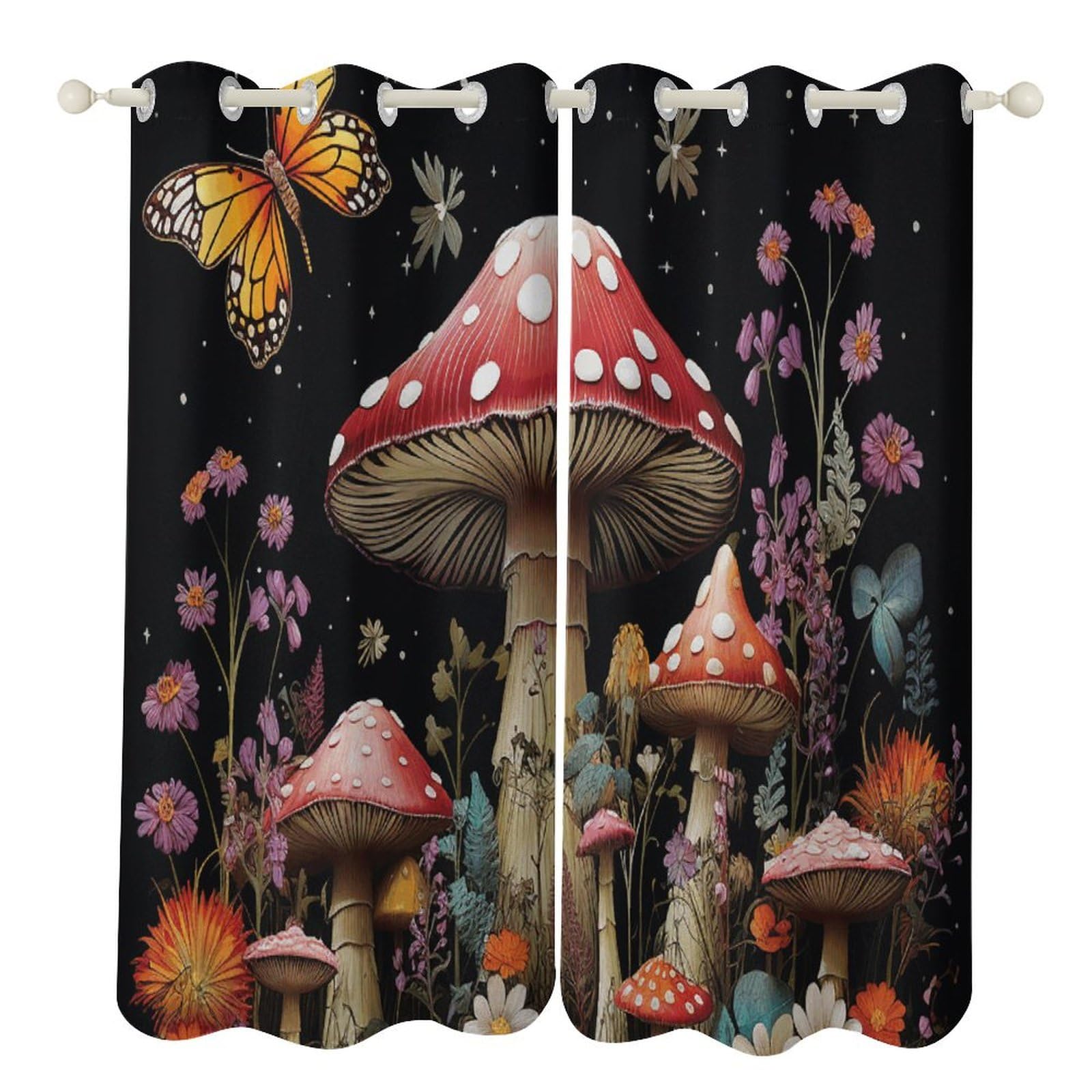 Rideau isolant thermique occultant noir champignons pour chambre