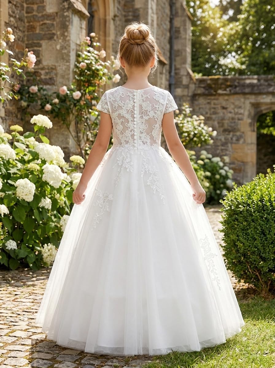 Lace Applique Flower Girl Dress Tulle Pageant First Communion 004