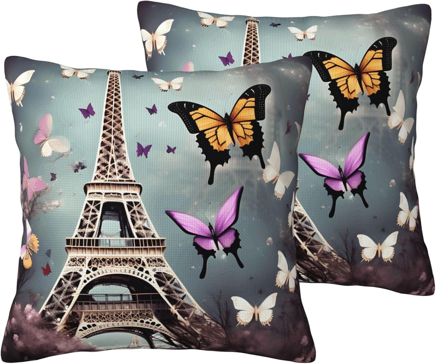 Romantic Paris Butterfly Eiffel Imitation Linen Pillowcase -2 Sets, Fashionable Home Decoration, Used for Sofas, Gardens, beds