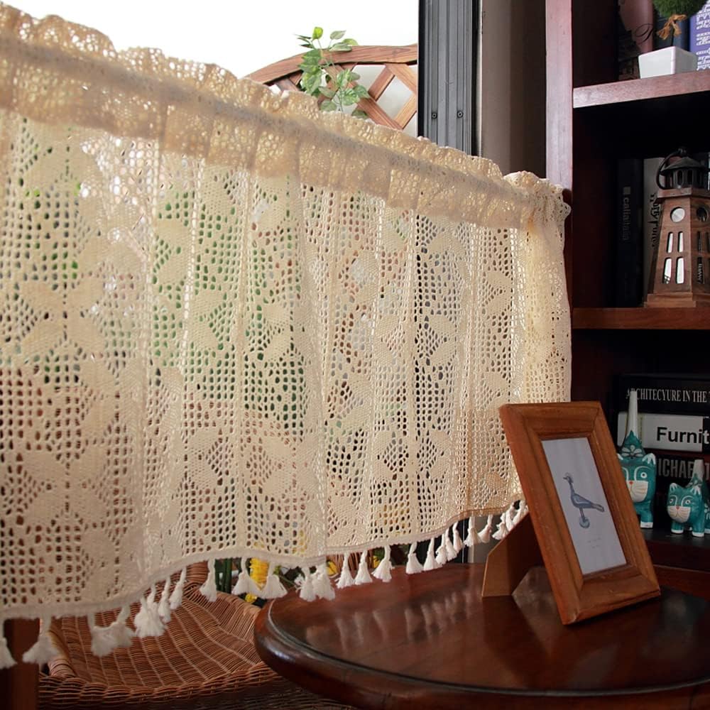 Boho Farmhouse Quatrefoil Pattern Window Tier Curtains with Tassels Design Kitchen Cafe Handmade Macrame Crochet Half Curtain Drapes for Small Window Doorways,1 Rod Pocket Panel W39''x L35''