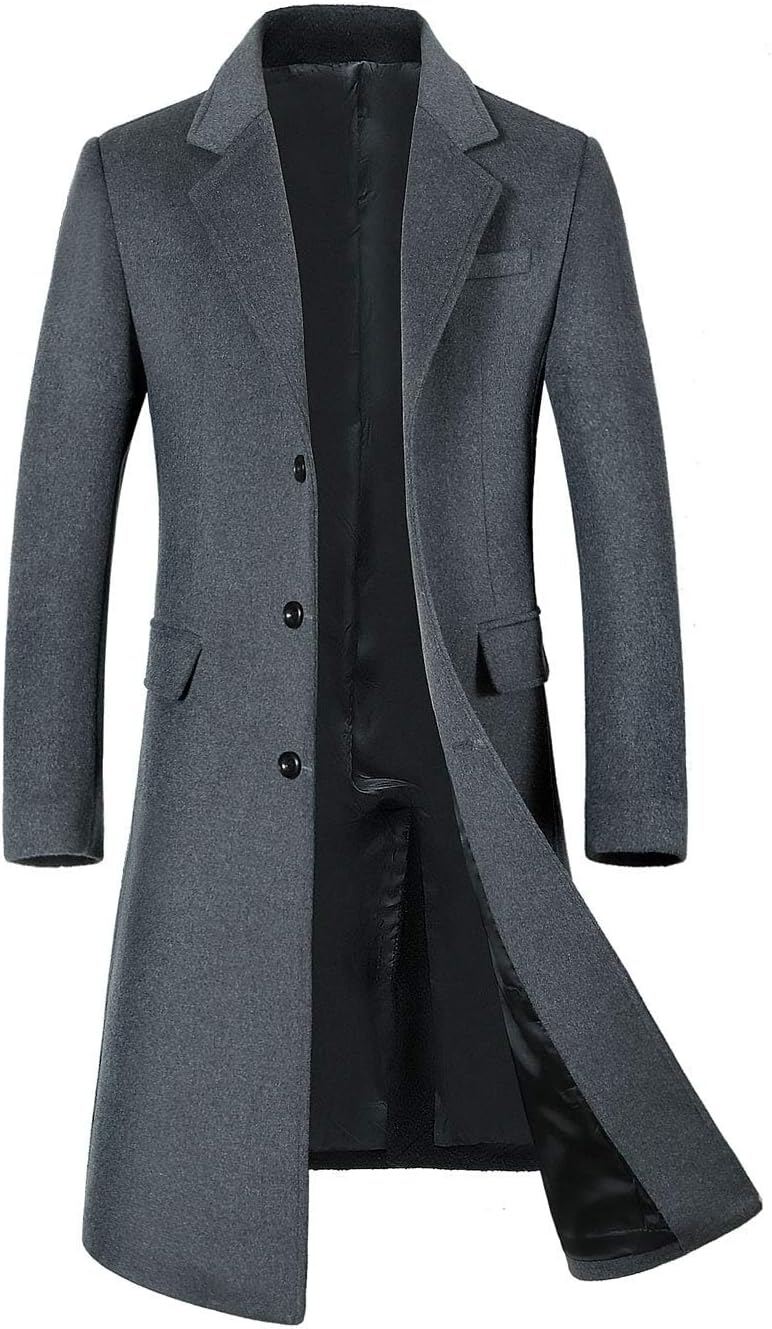 ebossy Men's Wool Blend Full Length Overcoat Single Breasted Long Coat with Flap Pocket