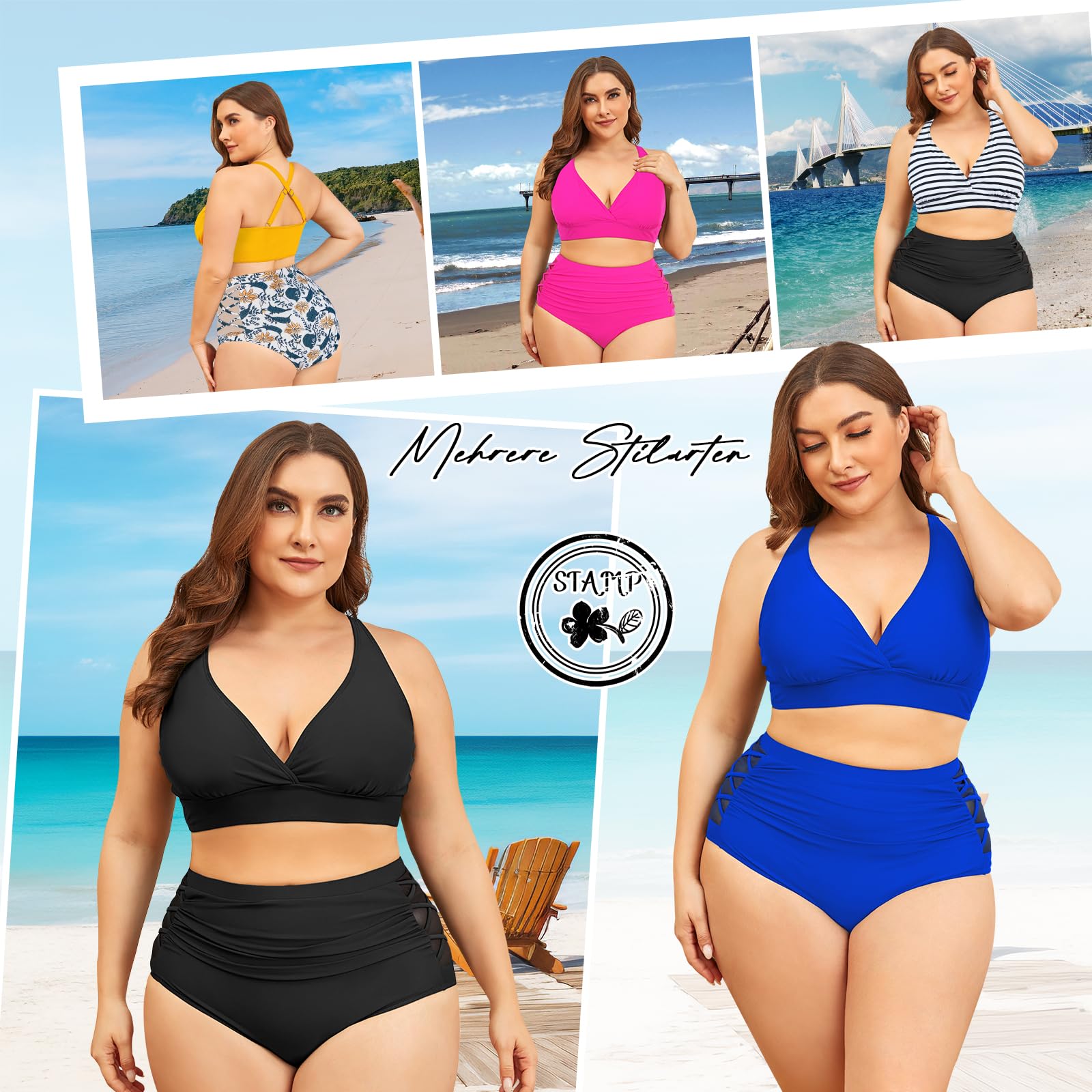 PONCEAU Bikini Damen Set Bauchweg High Waist - Push Up Bikini Oberteil für Große Brüste V-Ausschnitt Große Größen Plus Size Curvy Bademode