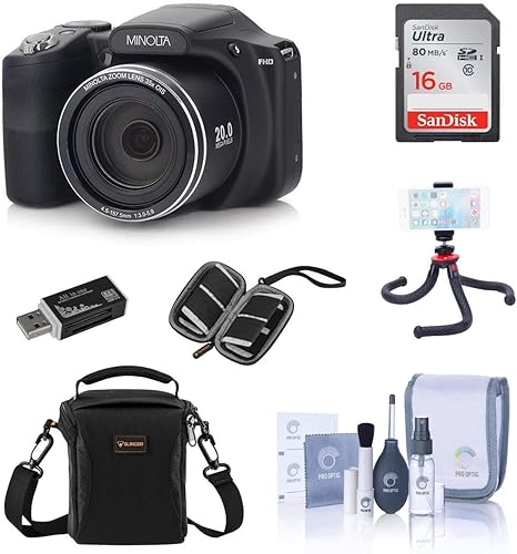Minolta M35Z - Cámara digital de puente HD de 20 MP 1080p con zoom óptico de 35x color negro paquete con funda para cámara tarjeta SDHC de 16 GB