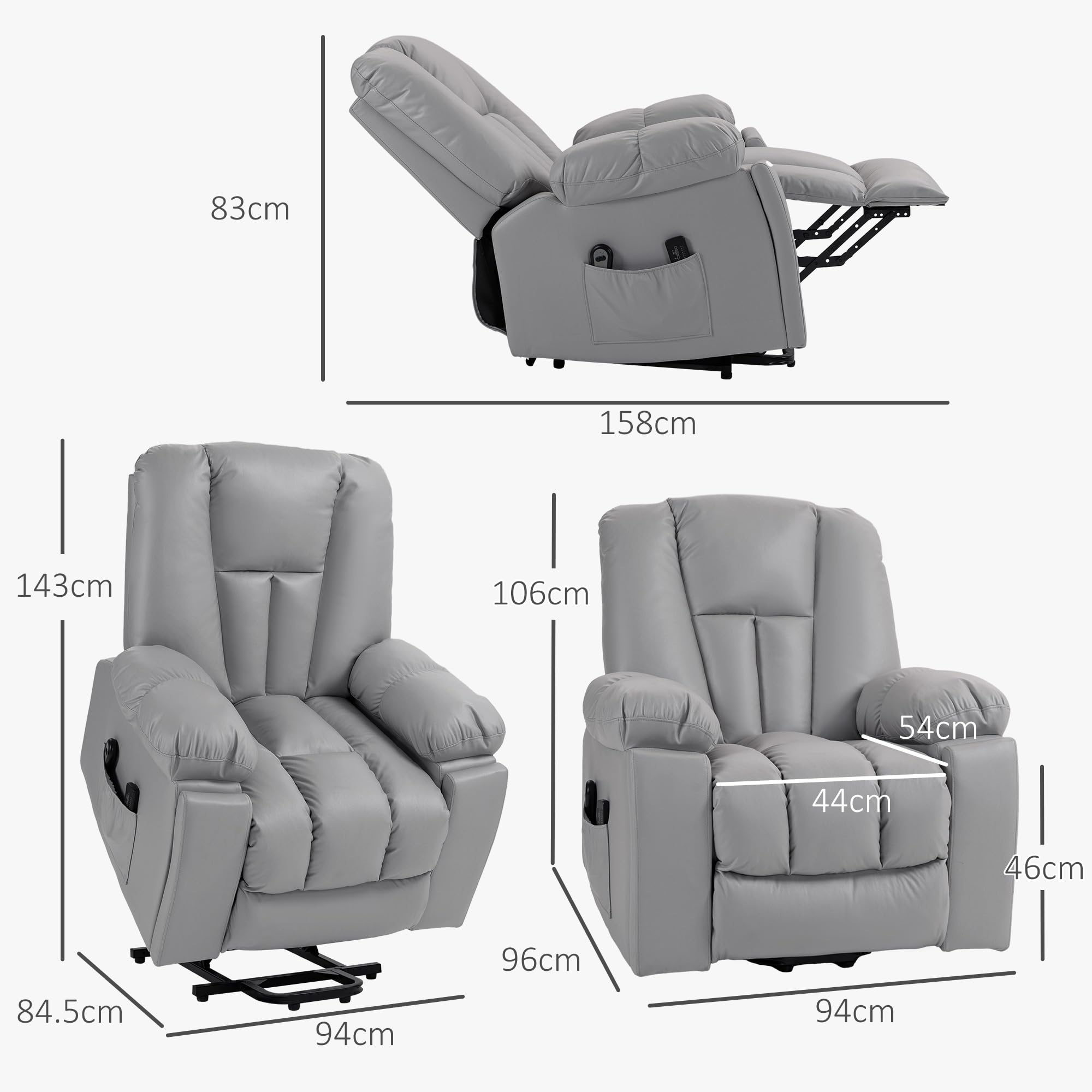 HOMCOM Poltrona Alzapersona Elettrica Reclinabile con 8 Punti Massaggianti e Telecomando, Poltrona Moderna in Microfibra, 94x96x106 cm, Grigio