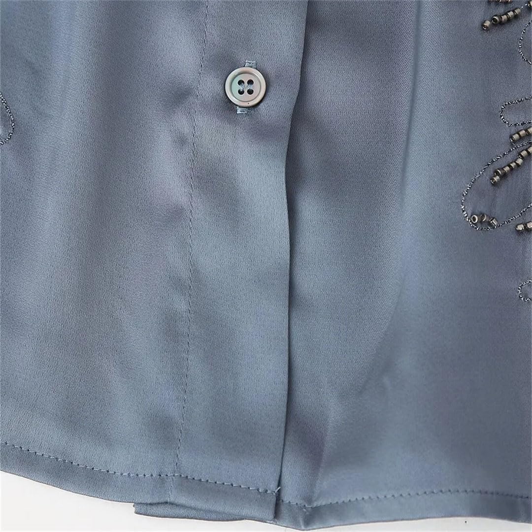 Stile delle donne Flip Collar con perline ricamato camicia, vita alta gamba dritta pantaloni Set