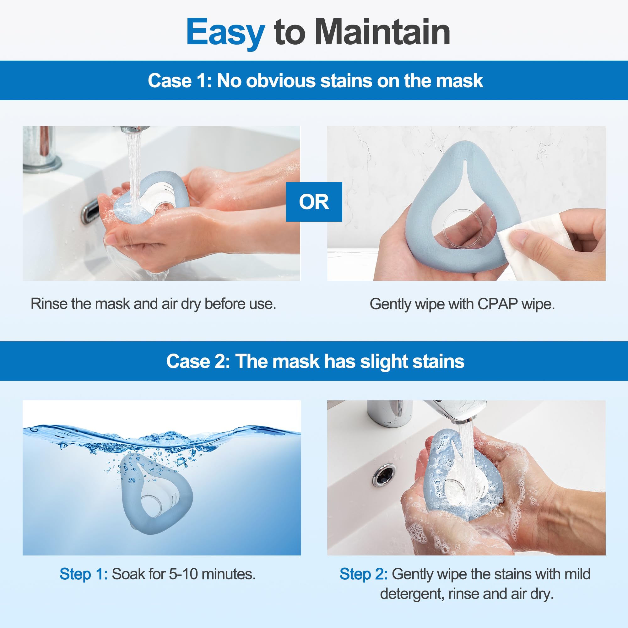 2 masques CPAP compatibles avec AirFit F20 Masque en tissu pour F20 Confortable à porter Coussin Masque à oxygène étanche Blue-L