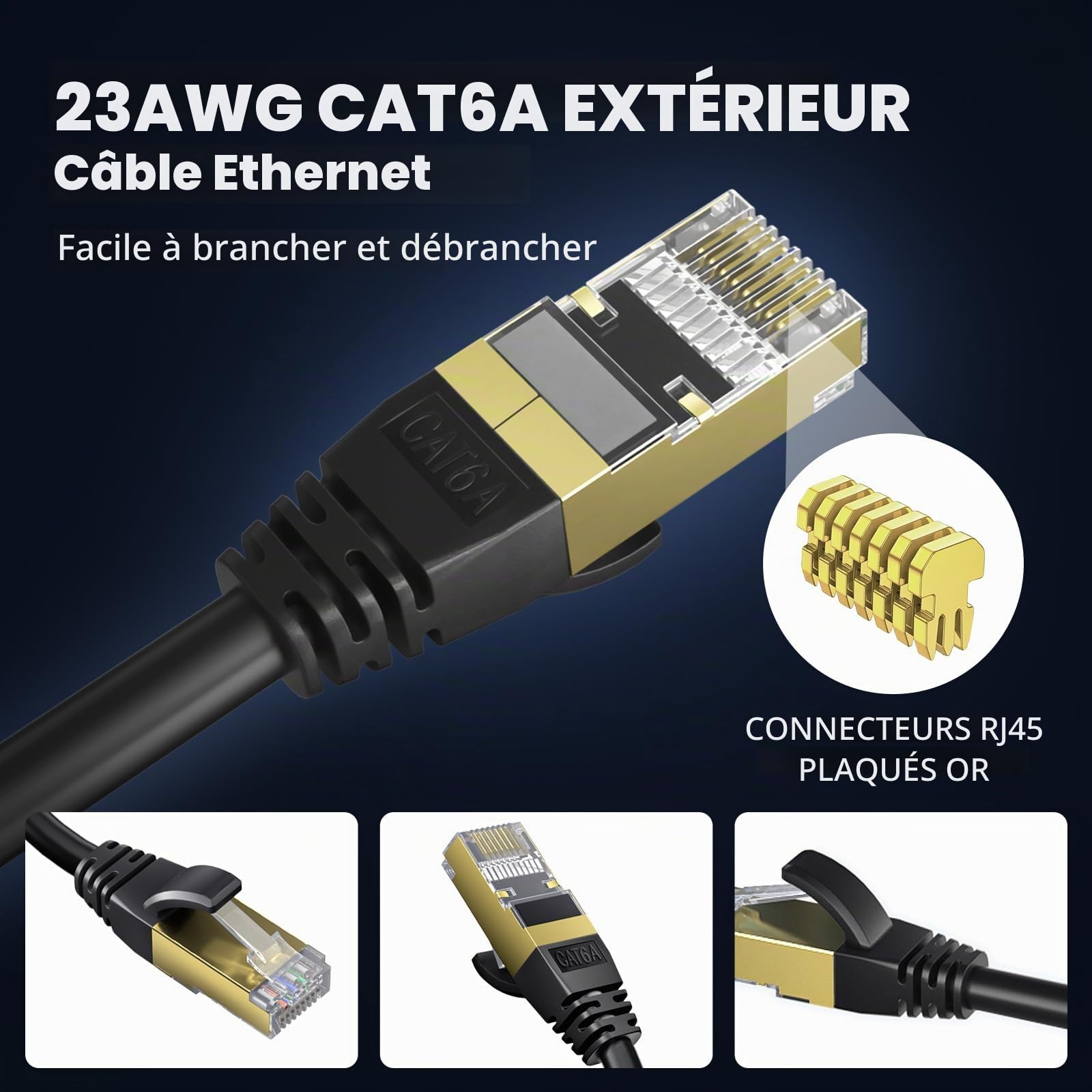 Cable Ethernet Extérieur Cat 6A 100m 23 AWG LLDPE 10 Gbps 550MHz, Résistant UV/Intempéries, Enfouissement Direct, Câble RJ45 Réseau Internet Gigabit Haute Vitesse UTP CCA, 80 Attaches Noires