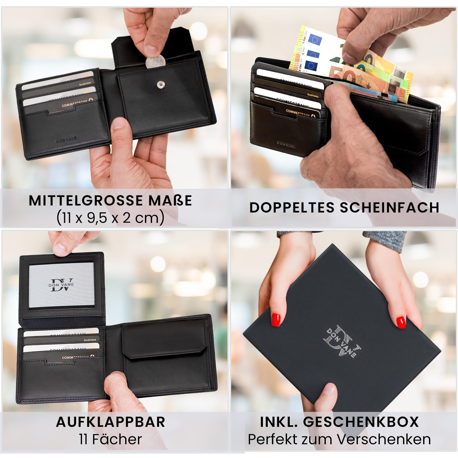 Elite Comfort – Echt Leder Geldbörse Herren schwarz inkl. Geschenkbox – RFID Portemonnaie Portmonee mit 11 Fächern – Echtleder Geldbeutel für Männer 11 x 9,5 x 2cm