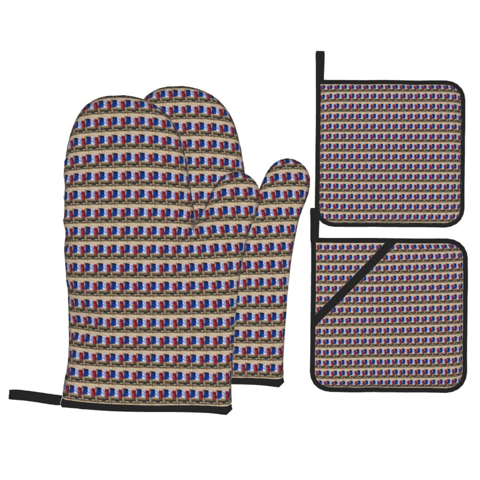 French flag Print 4-Piece Heat-Resistant Oven Waterproof Kitchen Gloves Cooking Roasting Essential