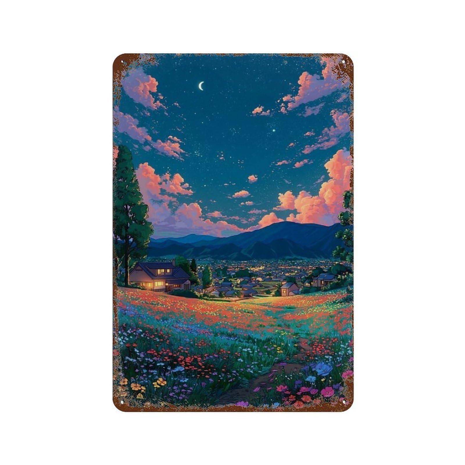 Vintage Rust Metal Sign with Serene Night Village Landscape Design 11.8"x7.9", for Shed, Workshop And Garage Wall Decor, Retro Wall Decor