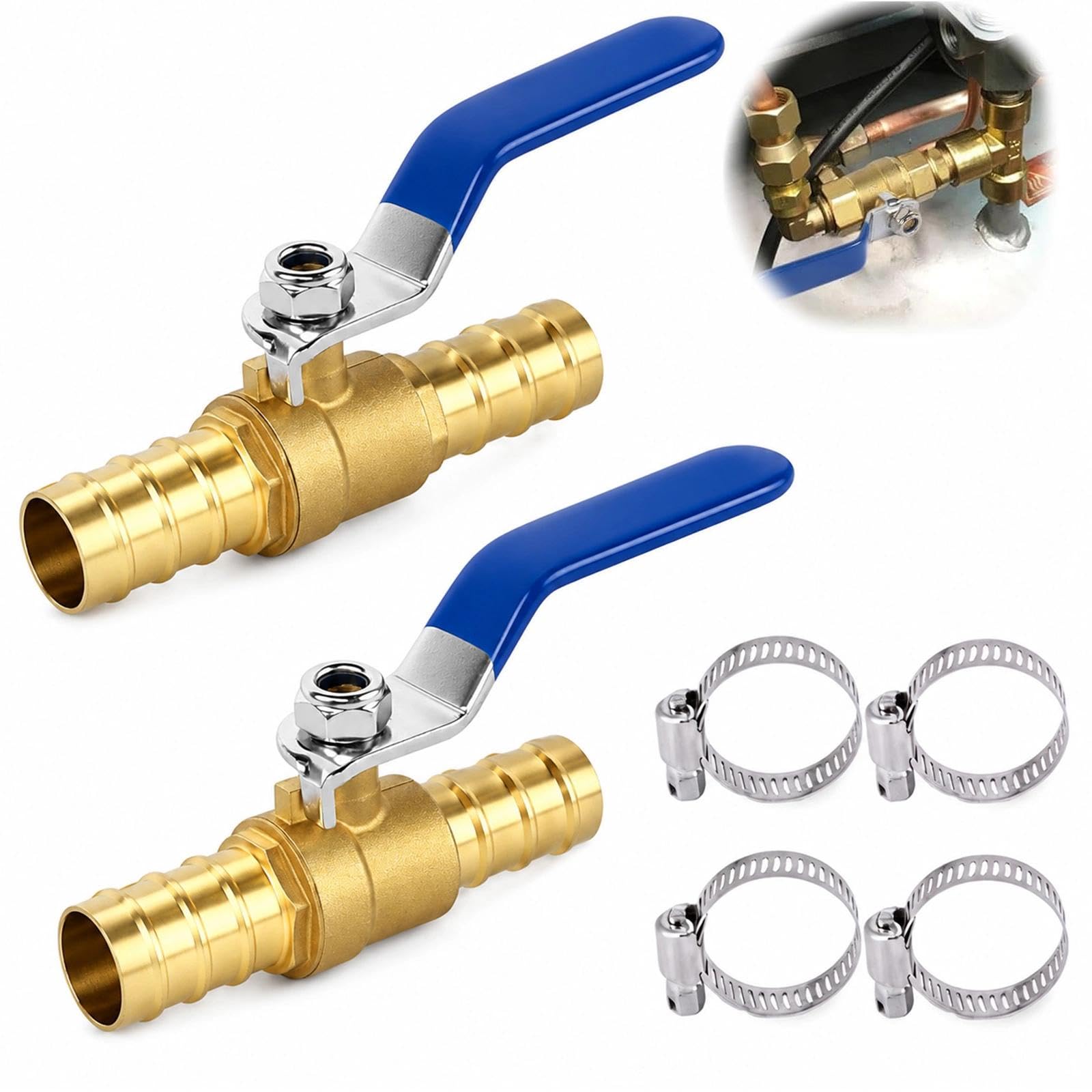 Valvola a sfera in ottone da 3/4" (19 mm) con impugnatura ad ala blu, 2 valvole a sfera di arresto con 4 morsetti per tubi del carburante, connettori per rubinetto da giardino