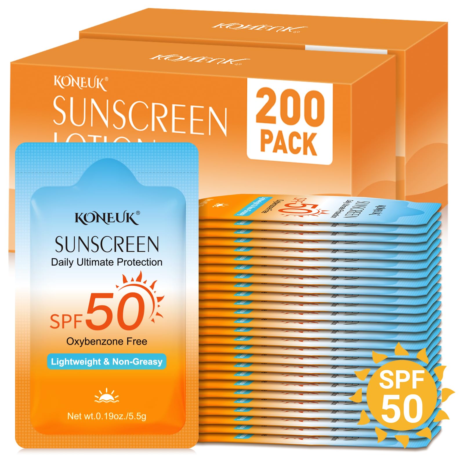 200 Pack Bulk Mini Sunscreen for Face Body, Lightweight & Non-Greasy | SPF 50 Travel Size Sunscreen Packets, Small Sunscreen for Summer Beach, Travel, Activities and Outdoor Sports, 0.19 OZ/Pack