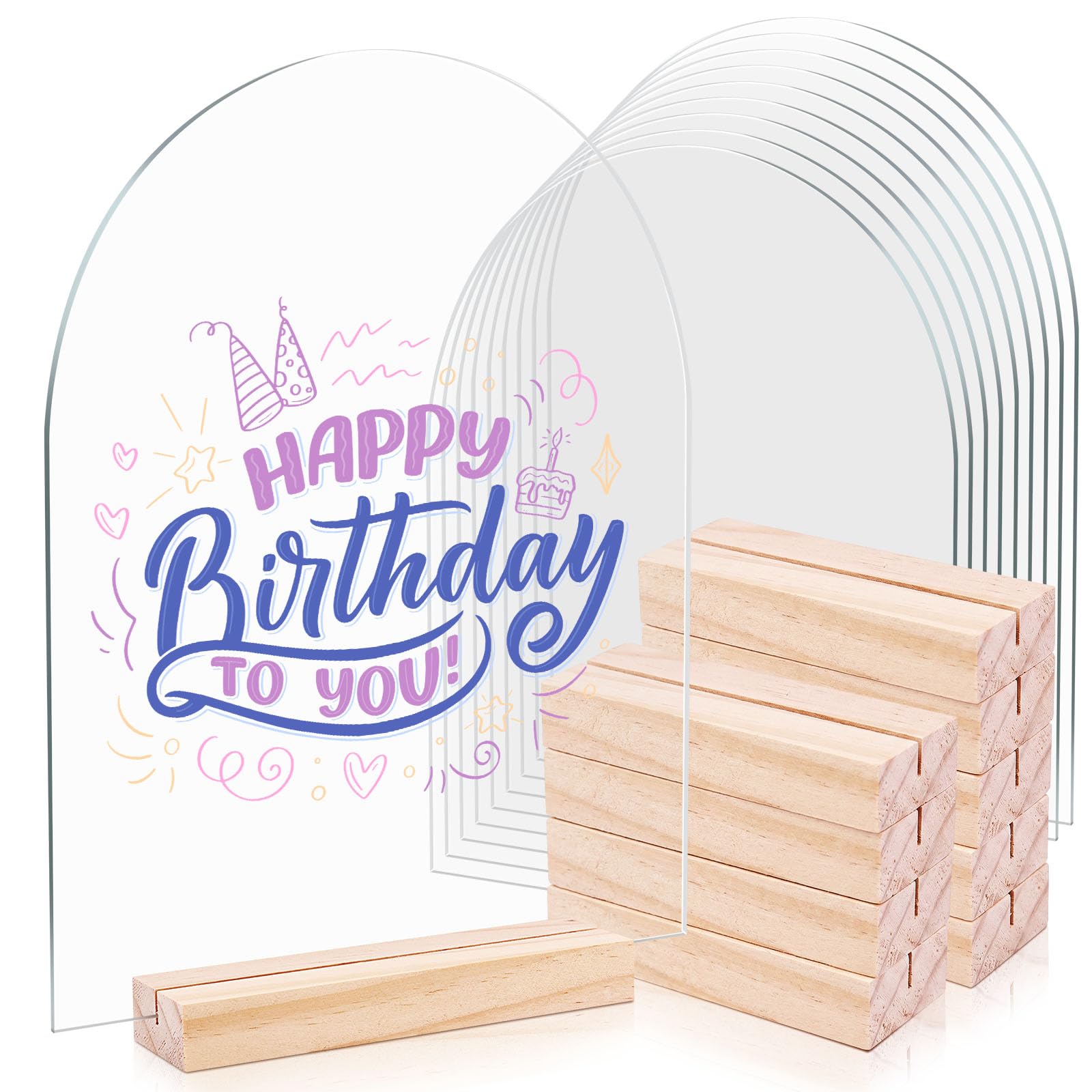 Bercoor 10 Pack 8x10 Inch Blank Clear Arch Acrylic Sign with Wooden Stands, Arched Round Top Acrylic Sheet, Arch Table Numbers for DIY Name Card Gifts Event Party Sign Decoration