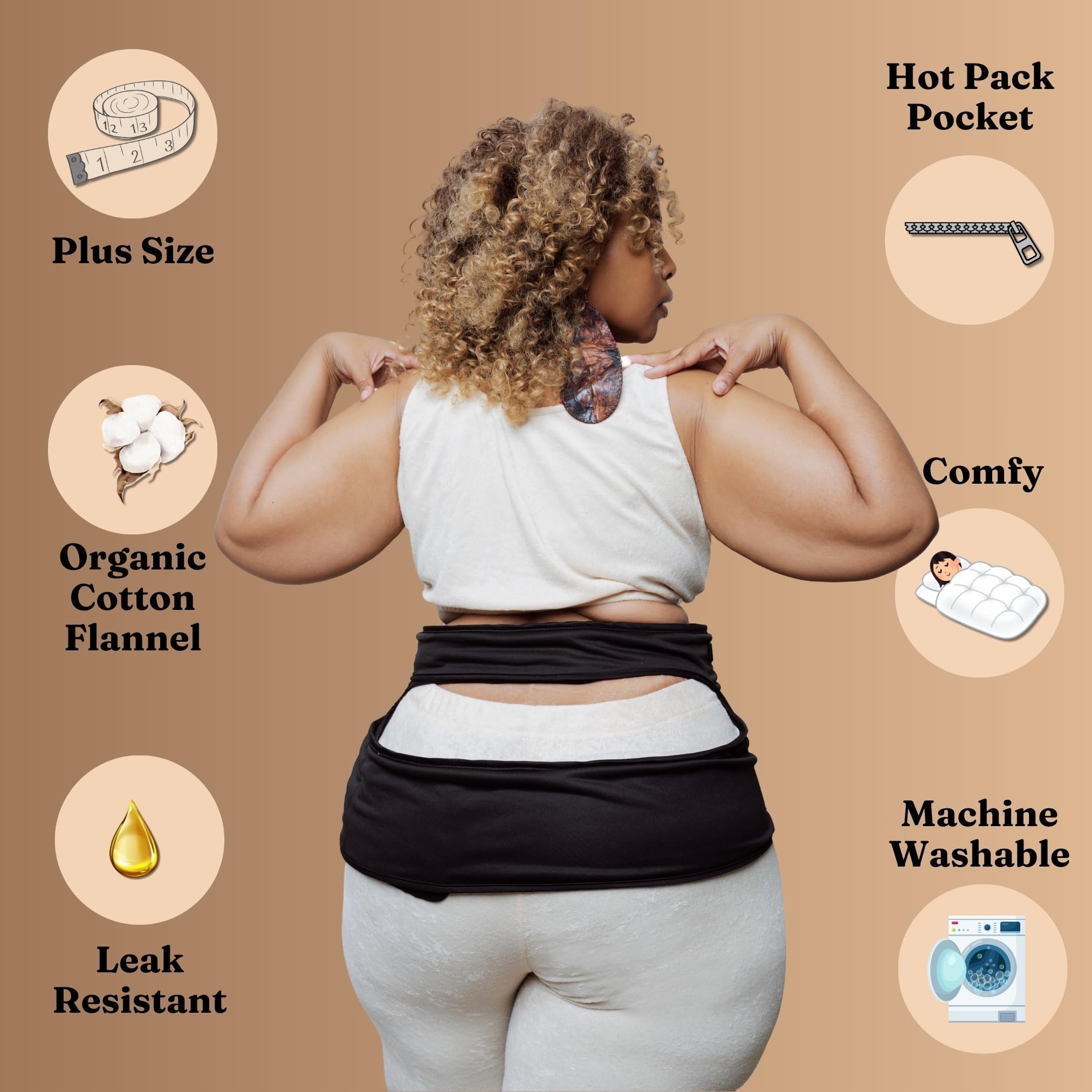 Sentre Plus-Size Castor Oil Pack Wrap, Adjustable Straps for Sizes L-5X (up to 67in), Organic Cotton Flannel Interior, Leak-Resistant Exterior, Machine Washable (Black)