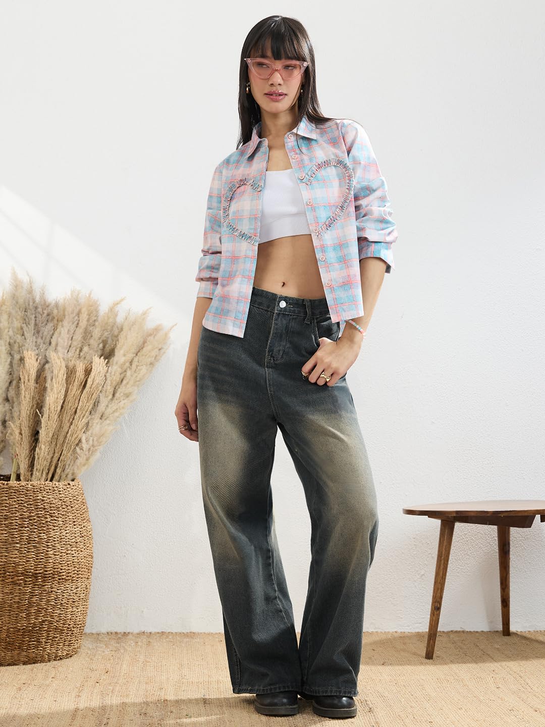 The Souled Store Camisa a cuadros: palisandro para mujeres y niñas, manga completa, cuello extendido, algodón, ajuste regular, camisa ligera