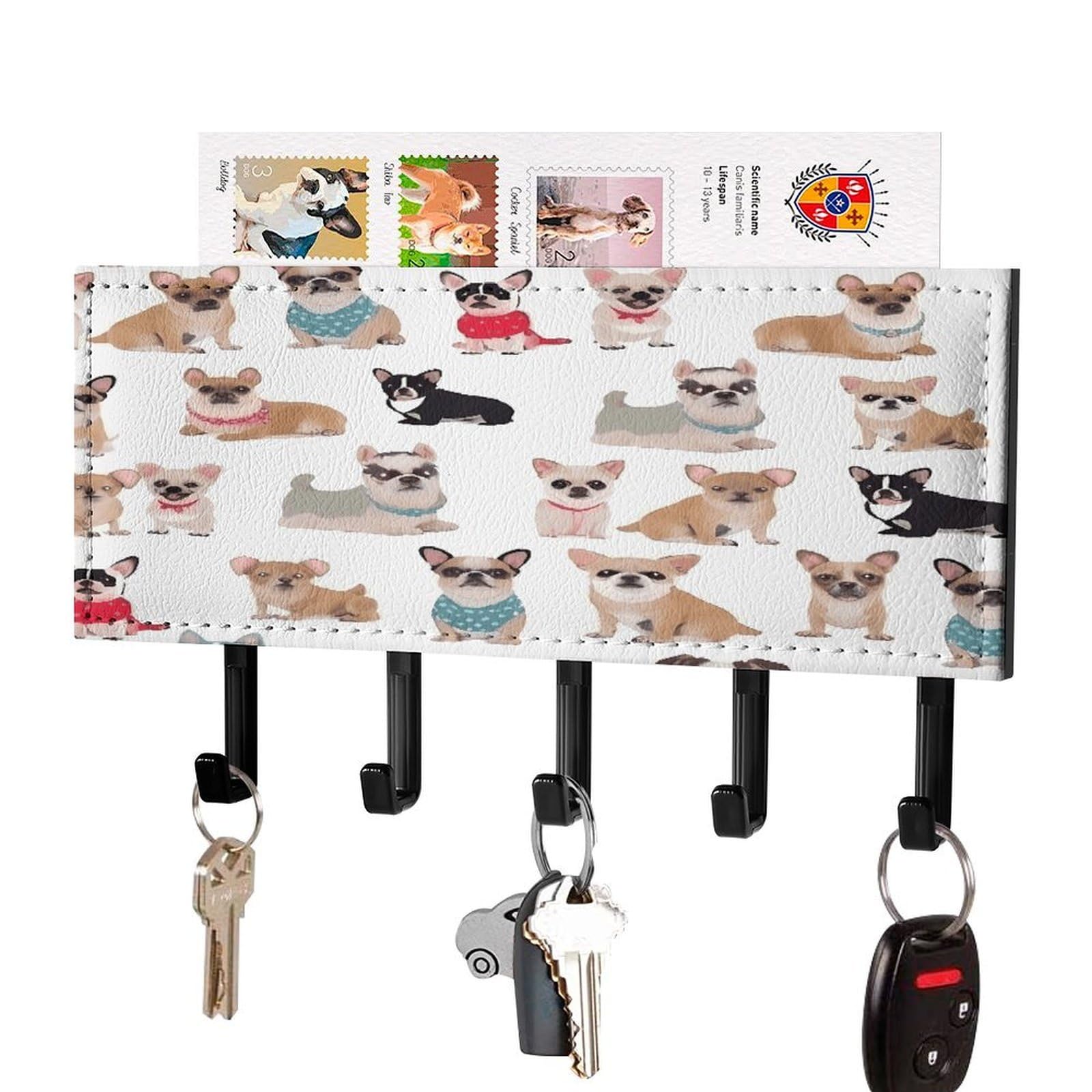Fekiloot Black-Style Cute Chihuahua Pug Pattern Key Holder For Wall Decorative Mail Organizer With 5 Key Hook Self Adhesive Key Rack With Tray Coat Rack Wall Mount Key Hanger Decor For Entryway Door