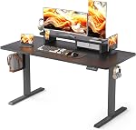 WALKINGDESK 55x24 Inches Bureau électrique avec tiroir et support de moniteur, Bureau de stand up réglable en hauteur pour le bureau d'accueil, Table de stand ergonomique avec support de téléphone, 3 Crochets, brun rustique