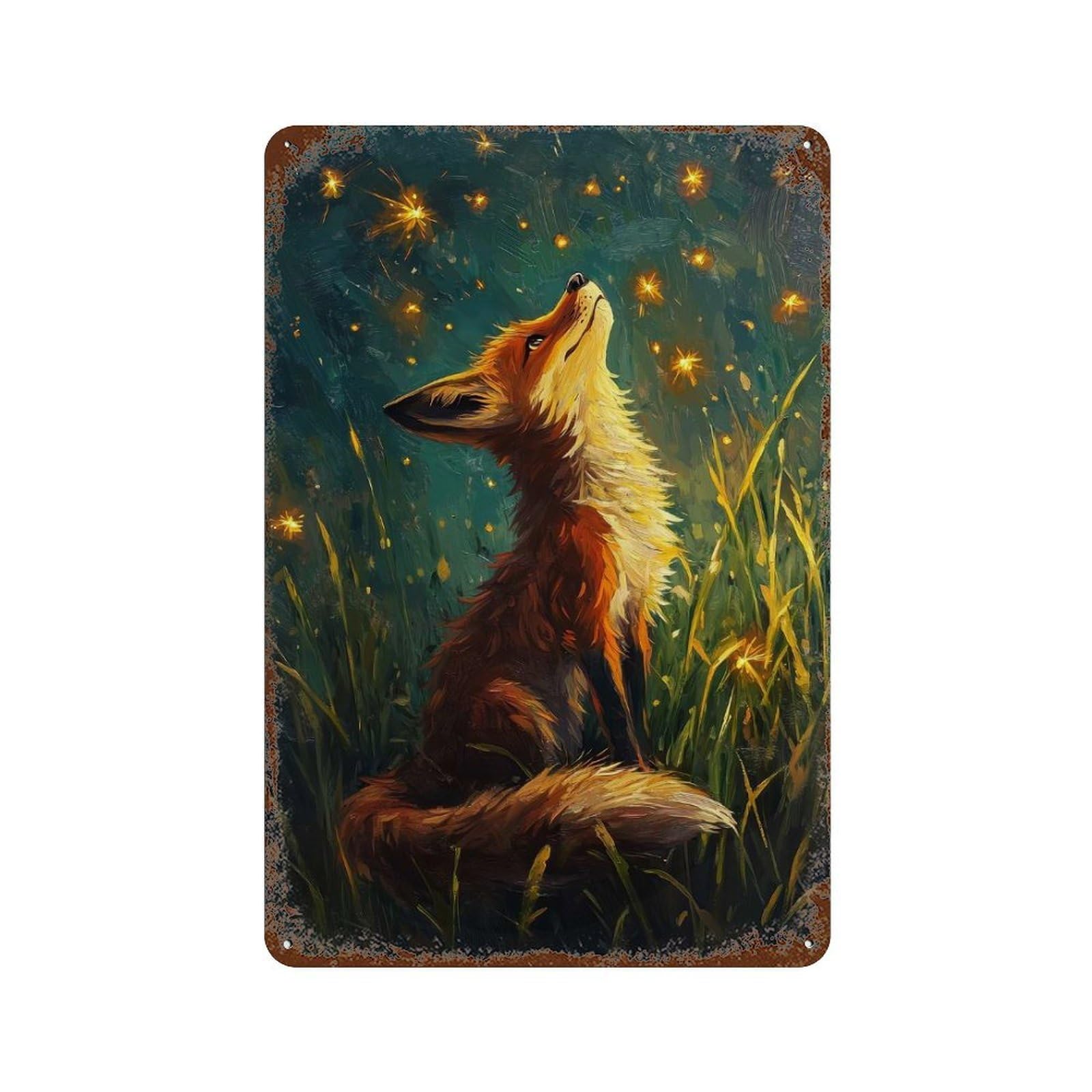 Rust Effect Fox And The Star Lights Rusty Metal Tin Sign 11.8"x7.9", Farmhouse Wall Decor for Cafe, Home Bar And Lounge Decor