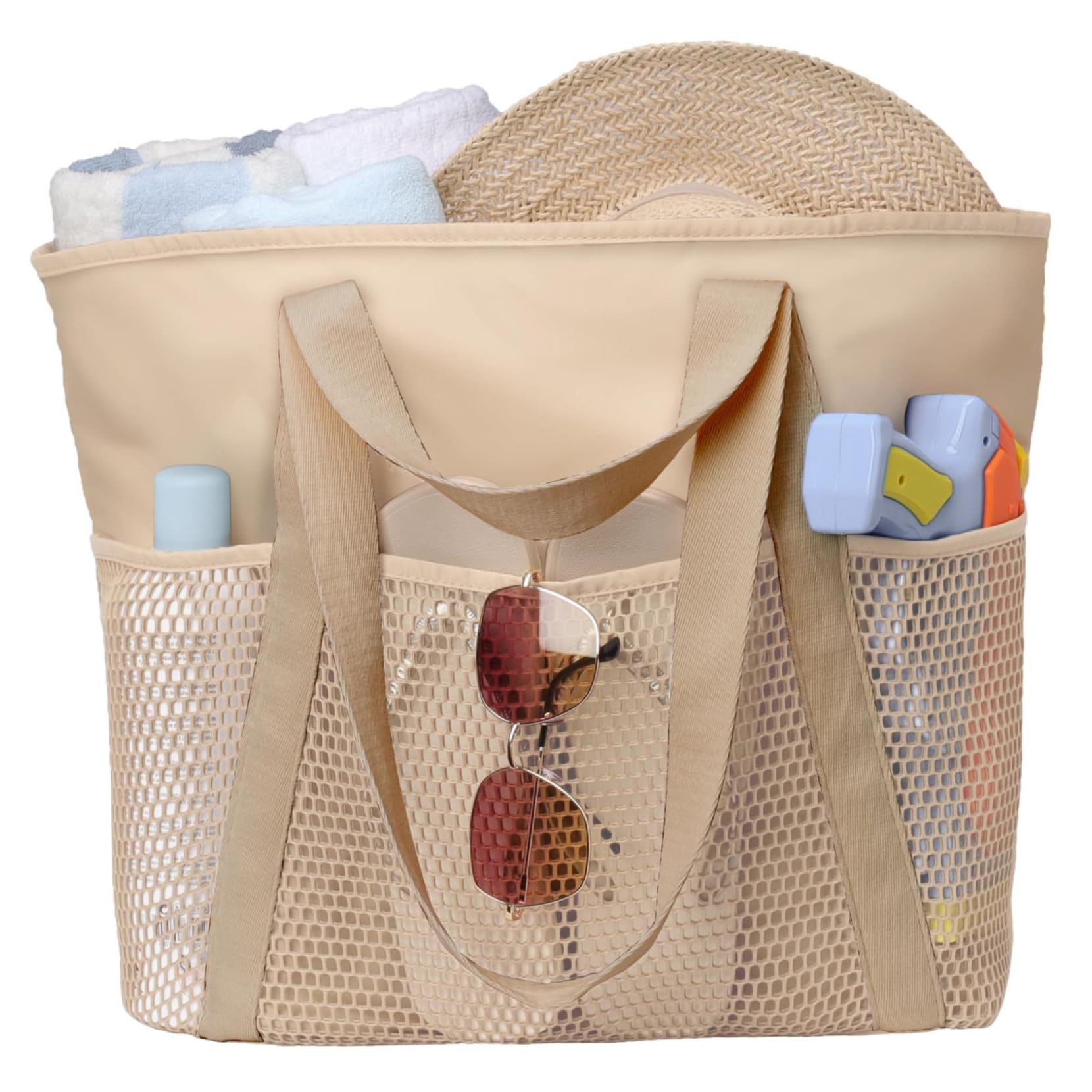 Sacs de plage pour femmes, sac fourre-tout de plage imperméable et résistant au sable, grand sac avec poches, piscine à chargement lourd 50 lb avec fermeture éclair, sacs familiaux lavables en m